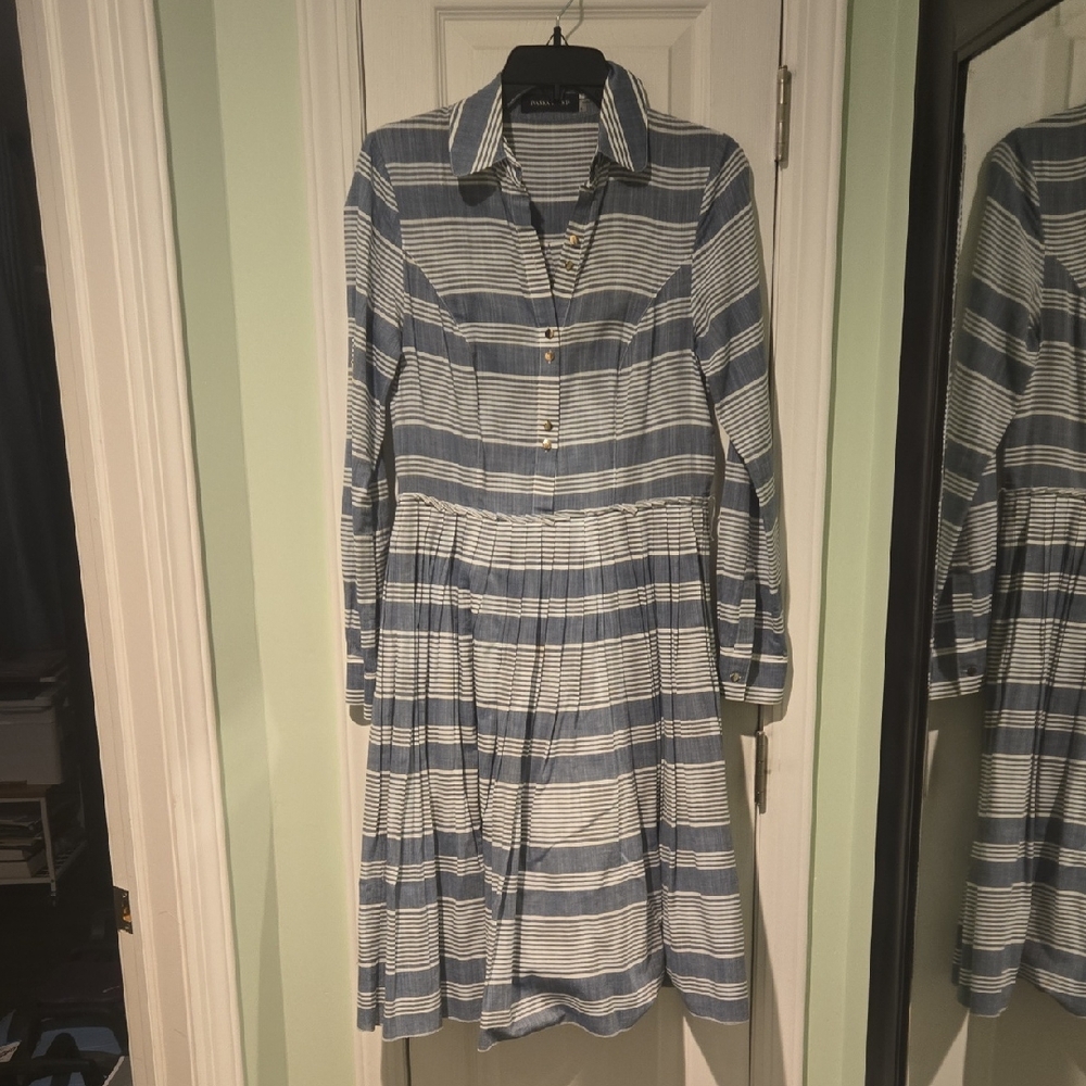 Ivanka Trump Blue and White Striped Long Sleeve Dress
